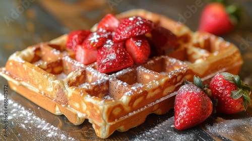 A delicious waffle with strawberries and powdered sugar