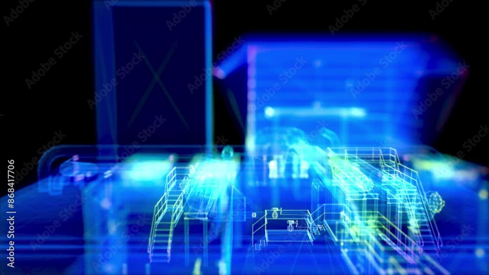 Industrial equipment. Glowing neon particles and blue lights formation of 3d model gas equipment station Industrial equipment. Glowing neon particles and blue lights formation of 3d model gas equipment station