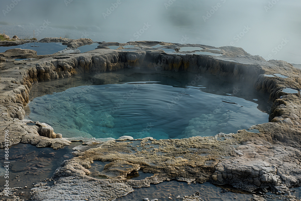 Hot spring with steam rising in a volcanic area Hot spring with steam rising in a volcanic area
