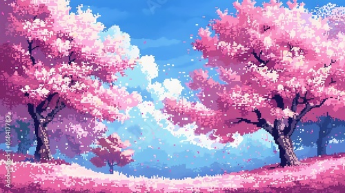 Pixel art blossoming cherry trees in spring, vibrant pink hues, 8bit style, pixelated landscape, romantic cherry blossoms, springtime scene,