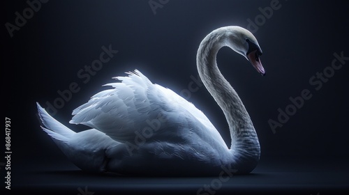 Fototapeta Naklejka Na Ścianę i Meble -  A solitary swan rests peacefully in the soft light of twilight