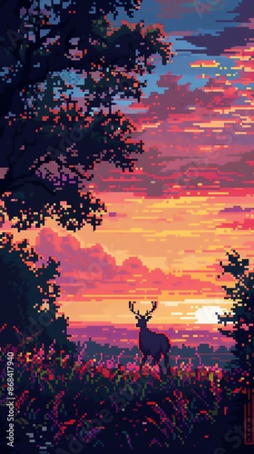 Pixel art prairie wildlife at sunset, warm hues, 8bit scenery, pixelated romance, tranquil scene, prairie animals, photo