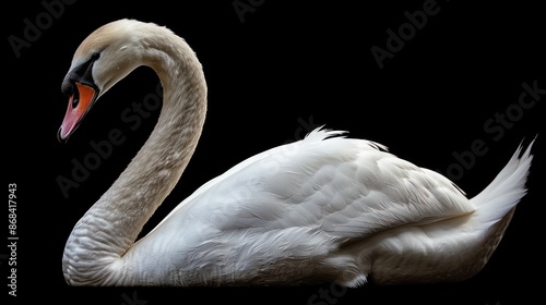 Fototapeta Naklejka Na Ścianę i Meble -  A white swan rests peacefully against a black background