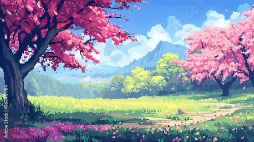 Pixel art spring awakening with blooming flowers, vibrant colors, 8bit style, pixelated landscape, fresh start, nature reborn,