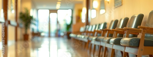 Blurred background of a hospital waiting room. Creating a soothing atmosphere. No people.