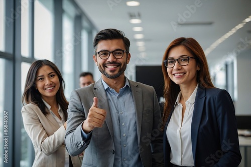 Group of a happy business people standing in office near the workplace and making successful deal or signing contract or greeting new employee
