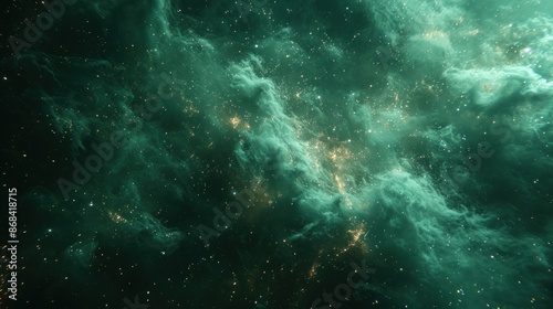 A mesmerizing view of a nebula with emerald green and gold hues © vimp