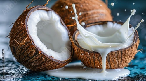 Close-up image of a coconut with milk splashing out photo