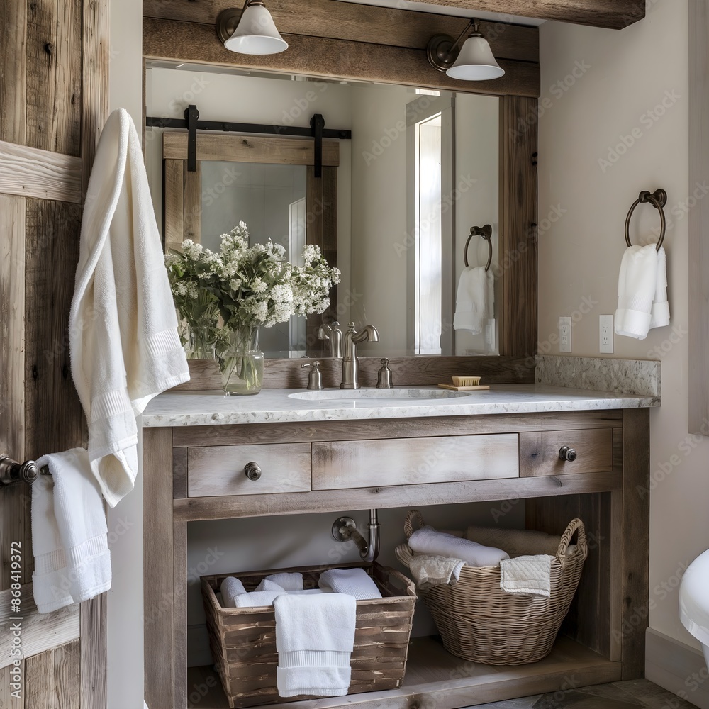 Rustic boho bathroom with reclaimed wood vanity and barn door