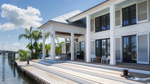 riverboat house with matching Bahama shutters, integrating nautical design with functional sun protection