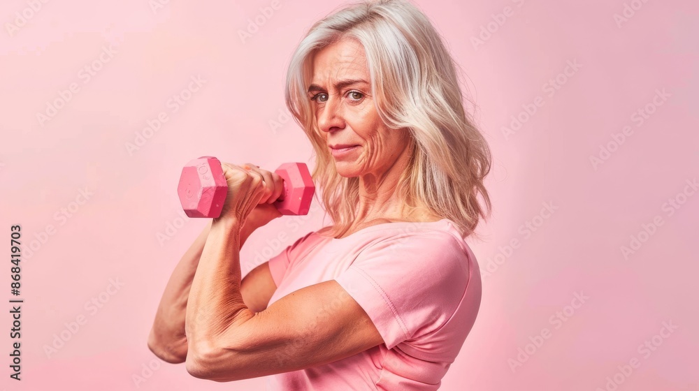Elderly woman exercising with small dumbbells at home Elderly woman exercising with small dumbbells at home
