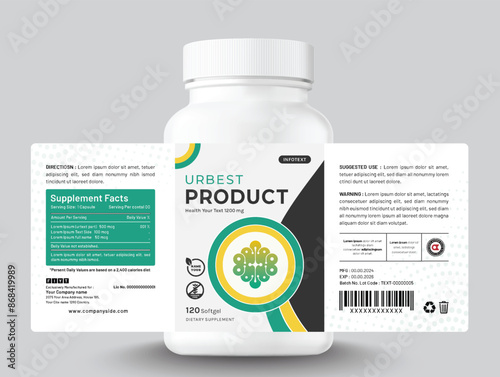 Food supplement vitamin medicine label sticker design dietary drug capsule and tablet modern bottle jar box packaging.
