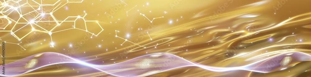 Neon hexagons emerge against flowing streams of light gold and soft violet, interspersed with delicate white stars on a luxurious golden wave Neon hexagons emerge against flowing streams of light gold and soft violet, interspersed with delicate white stars on a luxurious golden wave