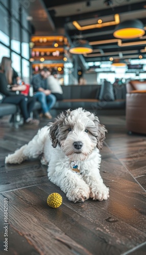 Adorable Sheepadoodle Puppy Playing at Airport Lounge with Travelers in Background - Travel Photography photo