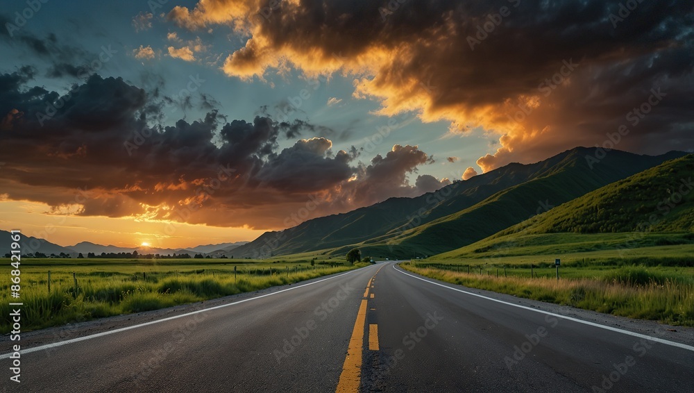 Highway road and green mountain with sky clouds at sunset Highway road and green mountain with sky clouds at sunset