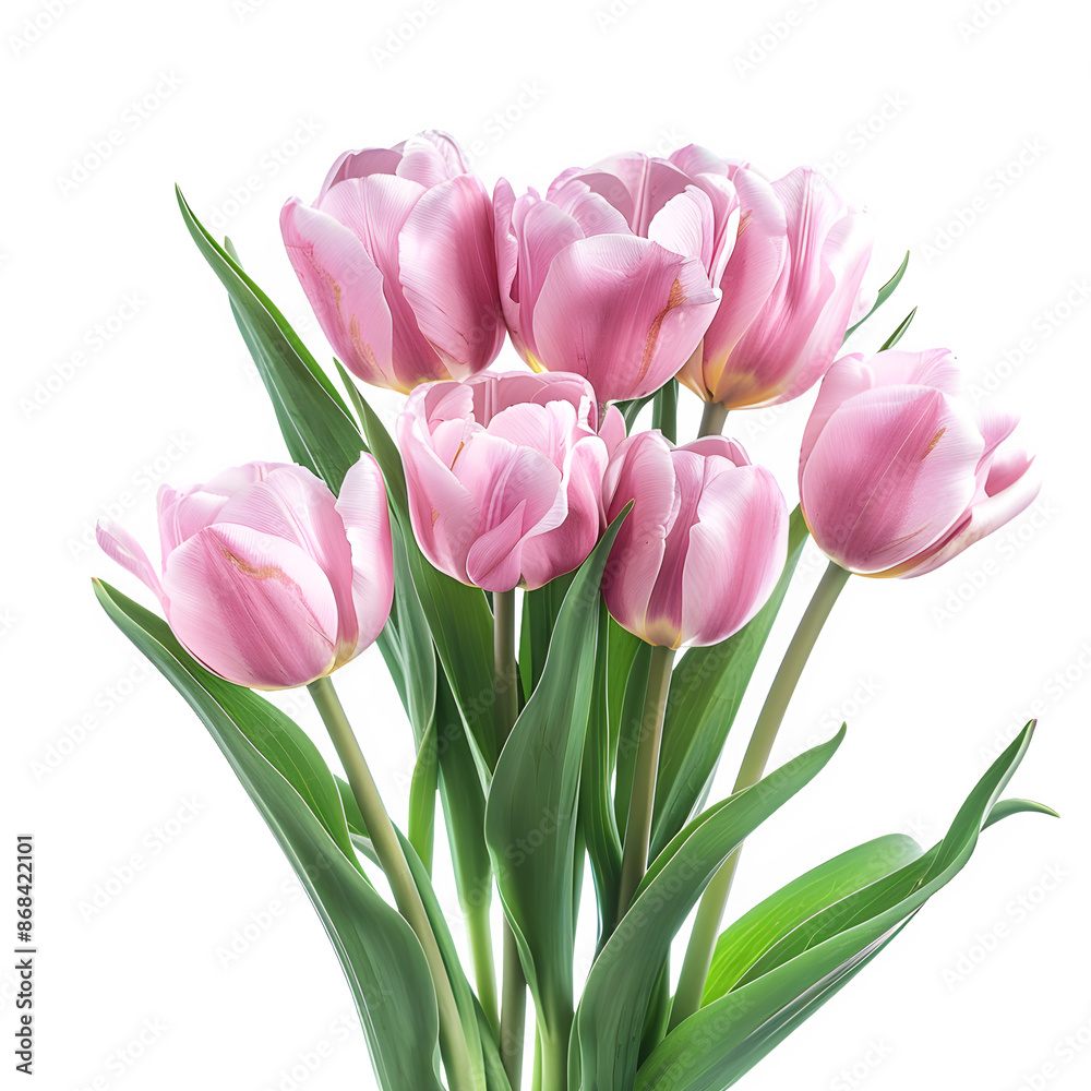 Fresh pink tulips with green leaves, ready for use in design projects Fresh pink tulips with green leaves, ready for use in design projects