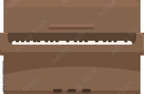 Brown upright piano standing with closed top, classical music instrument for concert halls or home recording studio