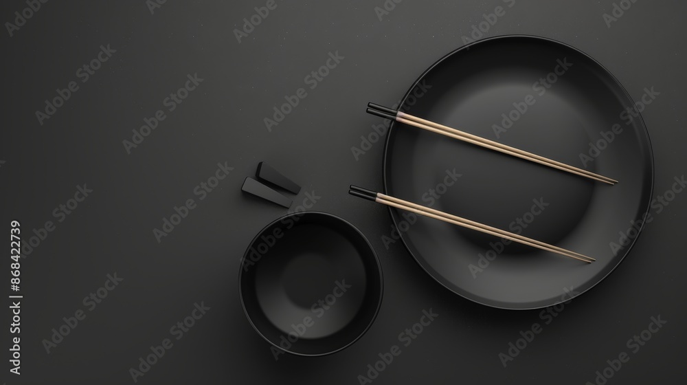 Empty, black Chinese dishes with chopsticks on a dark background. Empty, black Chinese dishes with chopsticks on a dark background.