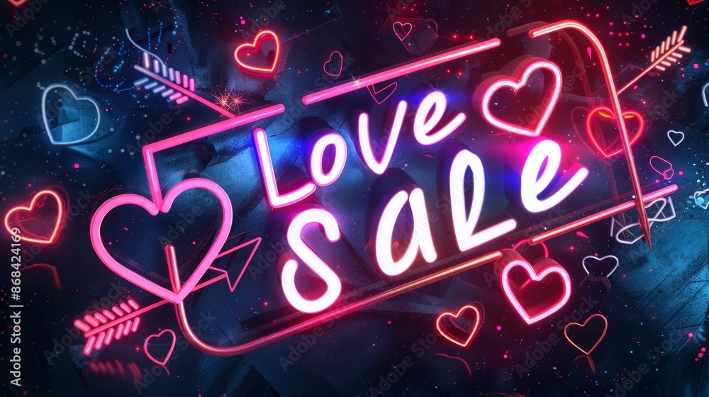 Vibrant Neon Love Sale Banner with Glowing Hearts and Arrows for Valentine's Day Promotions Vibrant Neon Love Sale Banner with Glowing Hearts and Arrows for Valentine's Day Promotions
