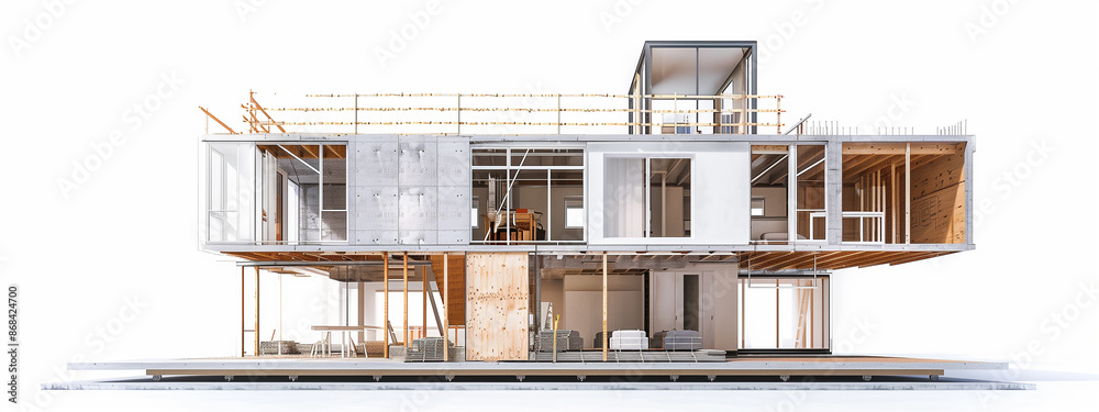 At a bustling construction site, the skeletal frame of a new home rises, hinting at the cozy dwelling soon to take shape. White background, isolated, cut out. At a bustling construction site, the skeletal frame of a new home rises, hinting at the cozy dwelling soon to take shape. White background, isolated, cut out.