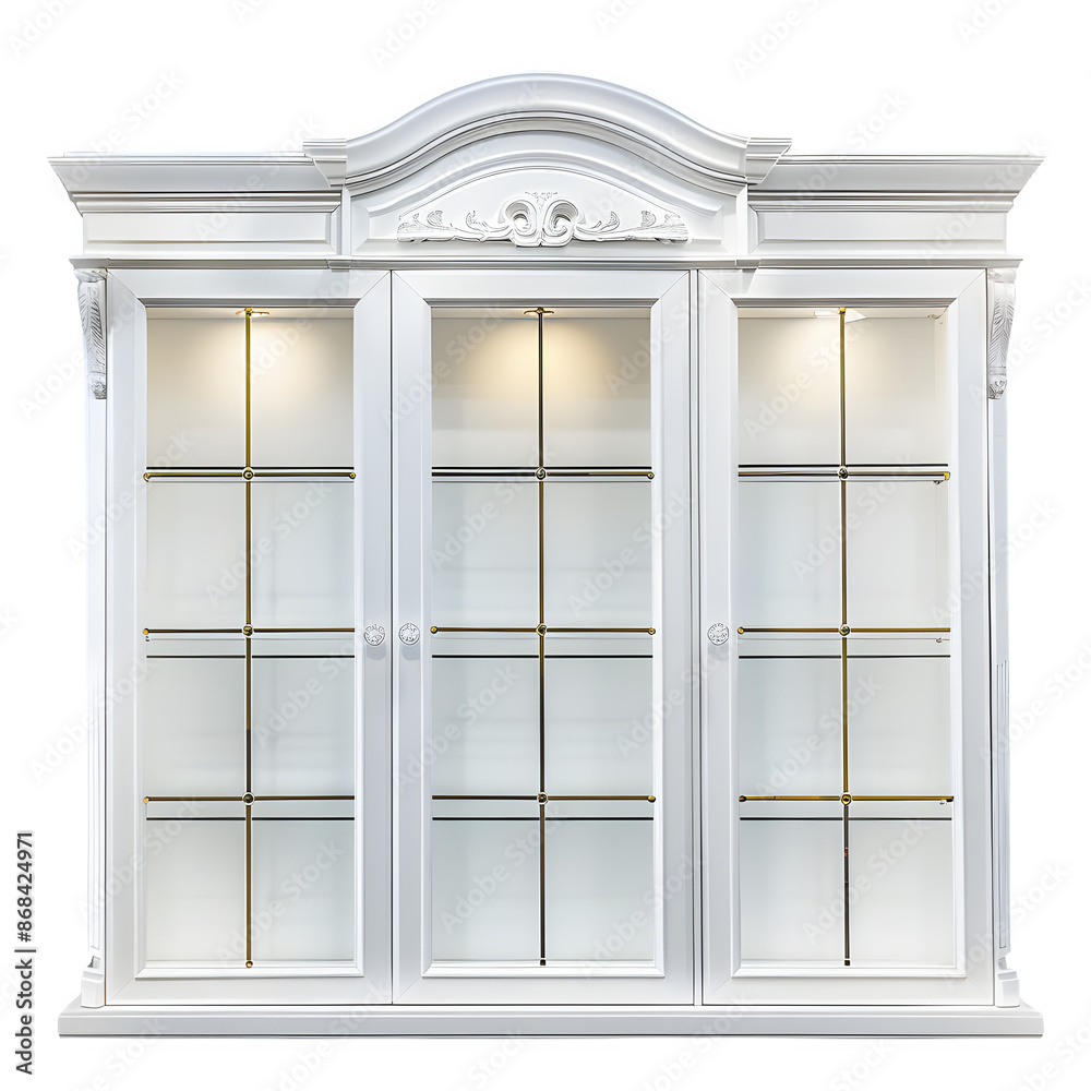 Obraz premium Elegant white vintage-style cabinet with glass doors isolated on a transparent checkered pattern