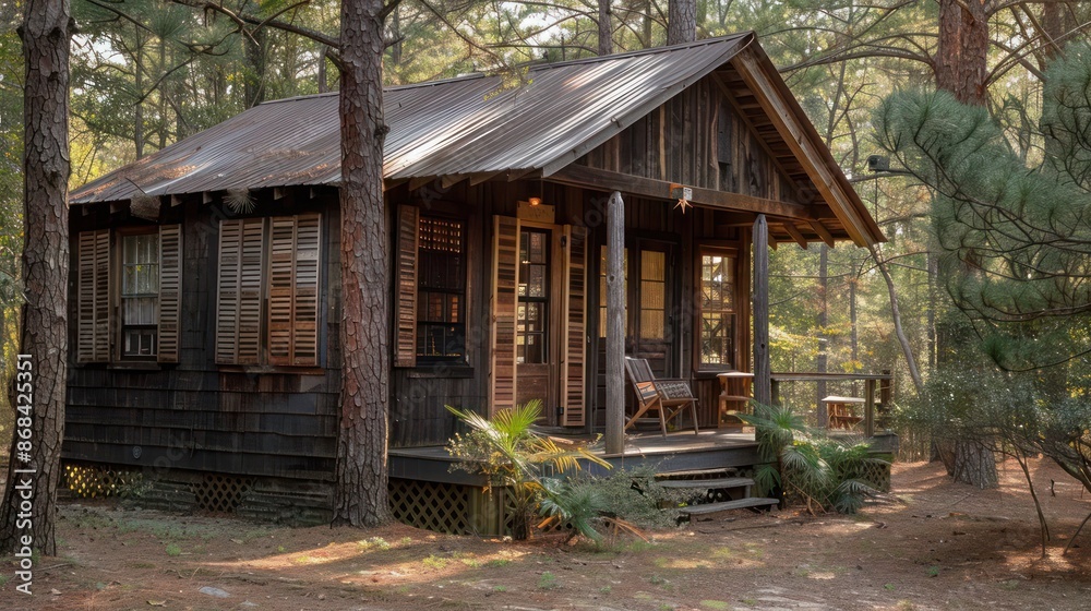 rustic cabin in the woods with Bahama shutters in natural pine, blending seamlessly with the wooded surroundings while providing privacy