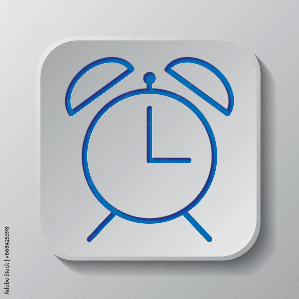 Alarm clock simple icon vector. Flat design. Paper cut design. Cutted blue symbol with shadow. Gray badge button, gray background Alarm clock simple icon vector. Flat design. Paper cut design. Cutted blue symbol with shadow. Gray badge button, gray background