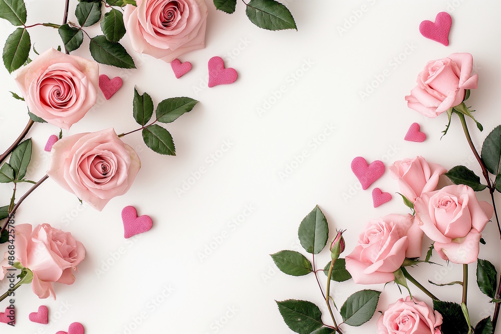 Pink roses with hearts on a white background, concept of love, Valentine's Day, and National Girlfriend Day Pink roses with hearts on a white background, concept of love, Valentine's Day, and National Girlfriend Day