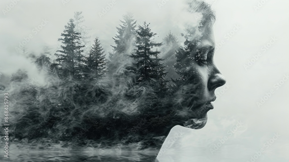 Create a surreal, ethereal full body portrait photo using a double exposure effect with a ghostly, die cut sticker Create a surreal, ethereal full body portrait photo using a double exposure effect with a ghostly, die cut sticker