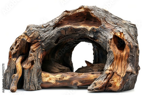 Artificial hollow log for reptile or fish tank decoration, white background photo