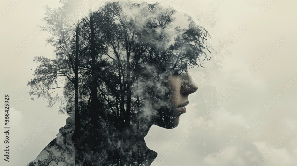 Compose a surreal, ethereal full body portrait photo with a double exposure effect and a ghostly, die cut sticker Compose a surreal, ethereal full body portrait photo with a double exposure effect and a ghostly, die cut sticker