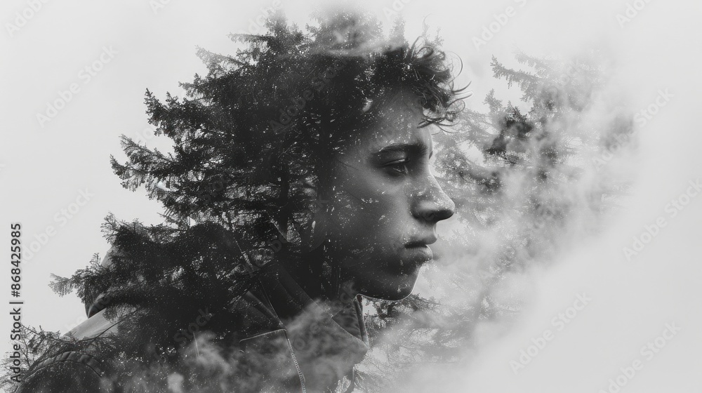 Generate a surreal, ethereal full body portrait photo featuring a double exposure effect with a ghostly, die cut sticker