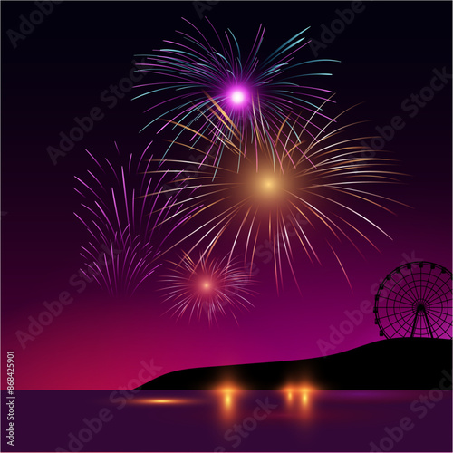 Colorful fireworks with wide dark night city space