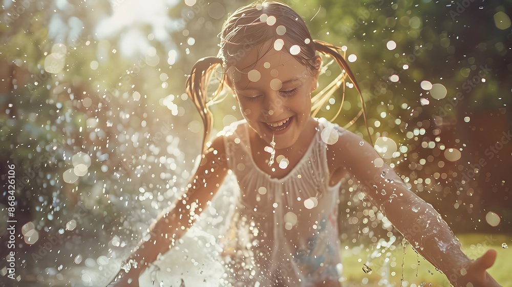 Obraz premium Funny laughing little girl running though garden sprinkler playing with water splashes in the backyard on a sunny hot summer vacation day. 