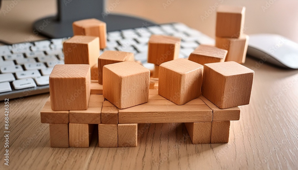 Fototapeta premium Digital Enterprise: Wooden Block Cubes and Computer Keyboard for Modern Online Business