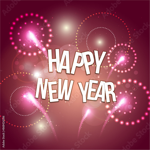 Firework show on night sky background. New year concept. Congratulations or invitation card background. Vector illustration