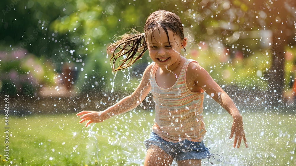 Obraz premium Funny laughing little girl running though garden sprinkler playing with water splashes in the backyard on a sunny hot summer vacation day.