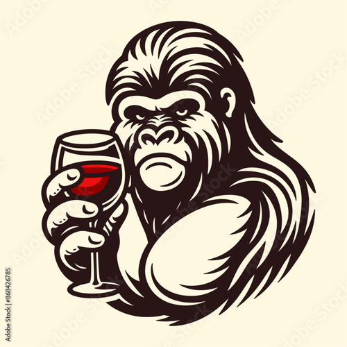 gorilla with a wineglass vintage portrait illustration