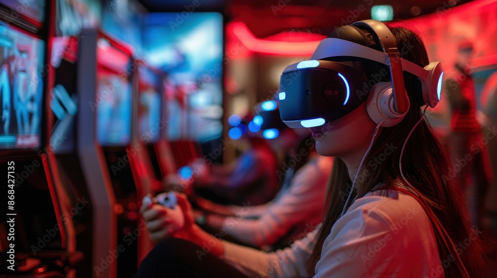 Obraz premium A virtual reality arcade with players immersed in games