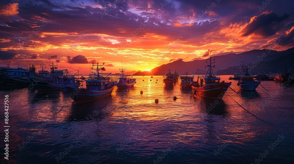 Obraz premium A vibrant sunset over a picturesque harbor, with boats gently swaying and the sky painted in warm hues