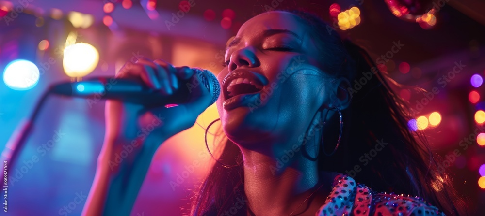 Joyful Woman Singing at Karaoke Bar with Colorful Stage Lights - Live Music Performance Concept