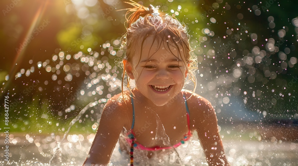 Obraz premium Funny laughing little girl running though garden sprinkler playing with water splashes in the backyard on a sunny hot summer vacation day. 
