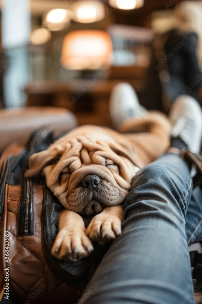 Sleepy Shar Pei Puppy Napping in Cozy Pet Carrier at Airport Lounge - Calm Atmosphere for Travel Sleepy Shar Pei Puppy Napping in Cozy Pet Carrier at Airport Lounge - Calm Atmosphere for Travel