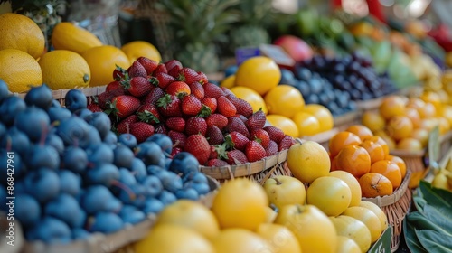 A vibrant farmer's market with colorful fruits and vegetables, soft light daylight