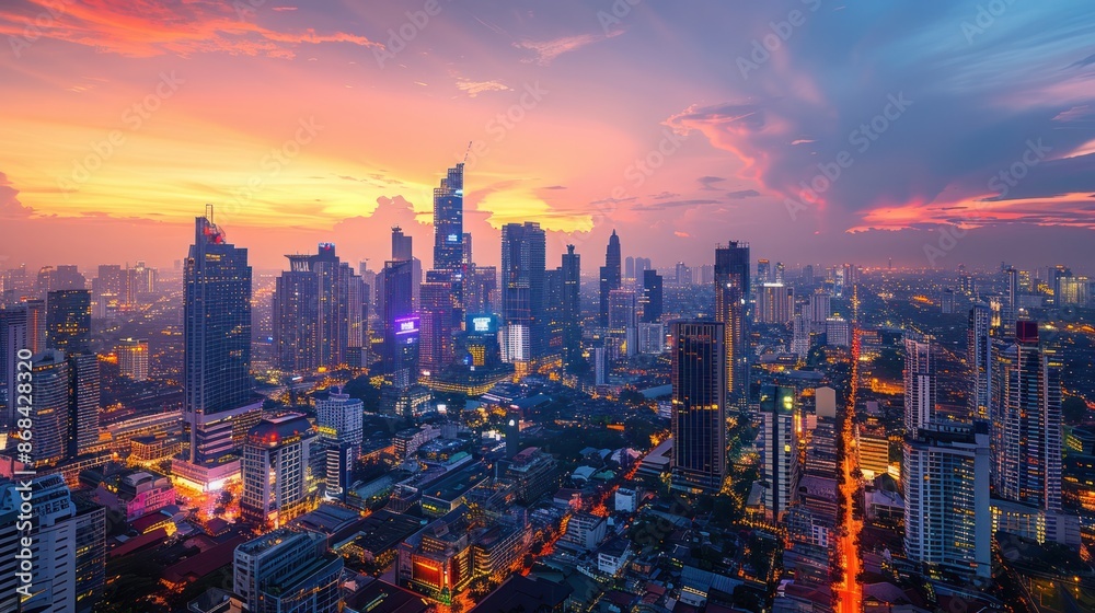 Obraz premium A vibrant cityscape at dusk, with skyscrapers, city lights, and a bustling urban environment