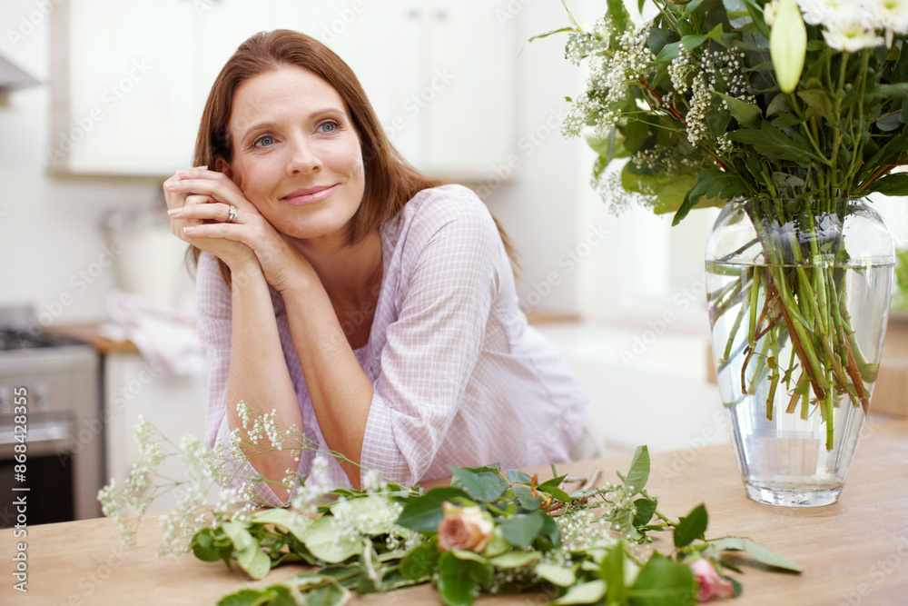 Bouquet, thinking and woman with flowers in vase for present, smile and inspiration with gift or gardening. Floral, entrepreneur and florist with nature, arrangement and small business ideas Bouquet, thinking and woman with flowers in vase for present, smile and inspiration with gift or gardening. Floral, entrepreneur and florist with nature, arrangement and small business ideas