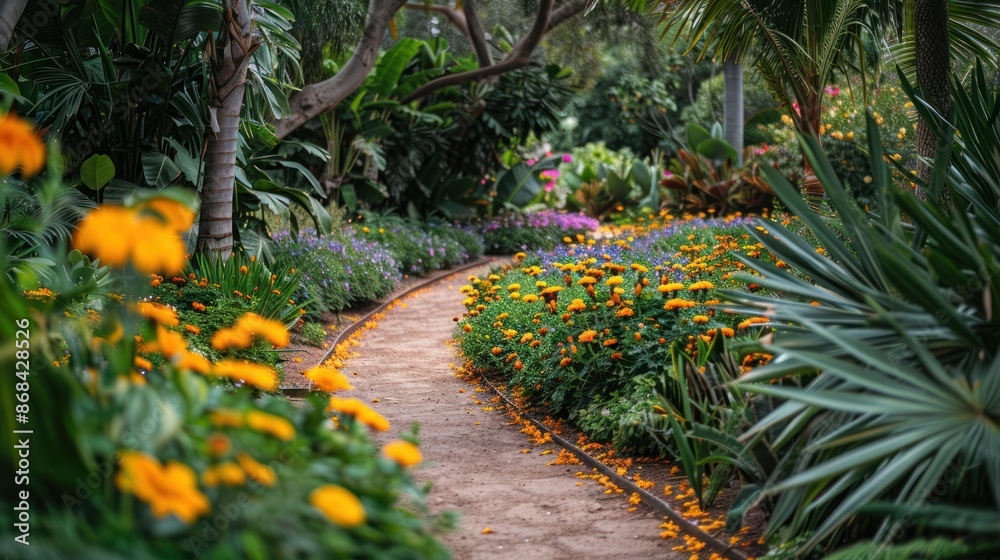 A vibrant botanical garden with a variety of colorful flowers, lush greenery, and walking paths A vibrant botanical garden with a variety of colorful flowers, lush greenery, and walking paths