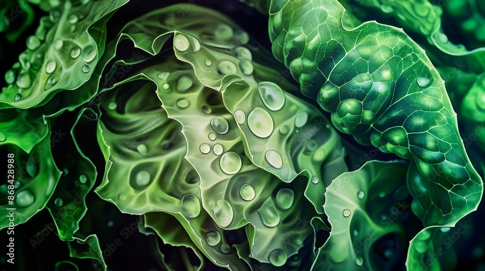 Fototapeta premium Close up of fresh green cabbage leaves growing with water droplets, showcasing the beauty of nature's details