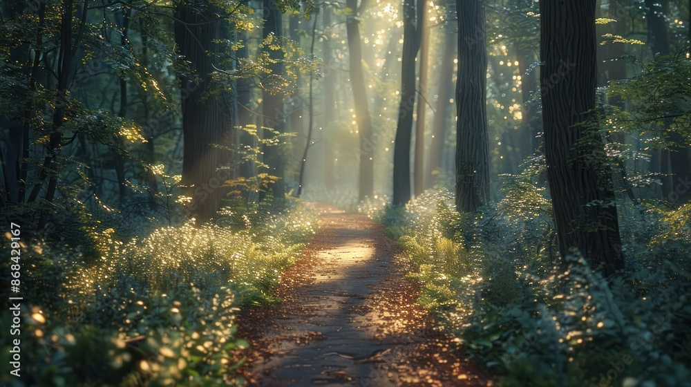 Obraz premium A tranquil forest path with dappled sunlight filtering through the trees, inviting a peaceful walk in nature