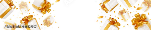 Horizontal long banner with 3d white gift boxes with golden bows and confetti, on the white background with place for text. Vector illustration